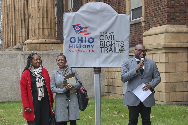 Natoya Walker Minor, Chair of Cleveland's African American Civil Rights Trail; Stephanie Phelps, Cleveland .Restoration Society; Pastor Gregory Kendrick of Cory UMC.